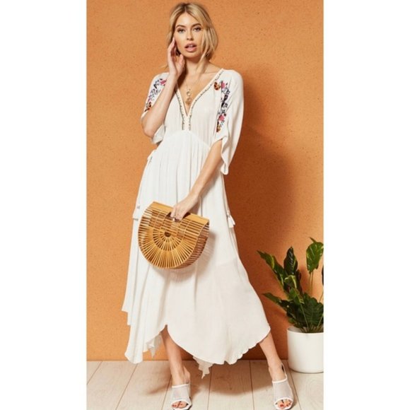 embroidered white midi dress